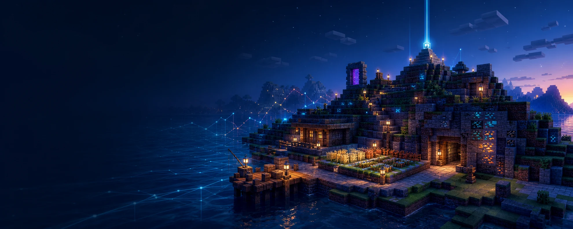 An original voxel landscape at blue hour with a fishing dock, crops, mines, and glowing progression lines.